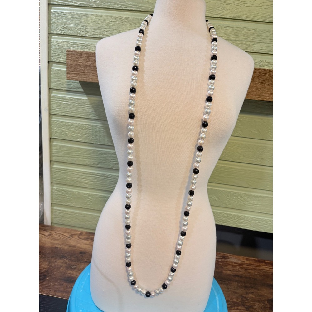Vintage Style Long Faux Pearl Opera Necklace Black White Grey 28 Inch